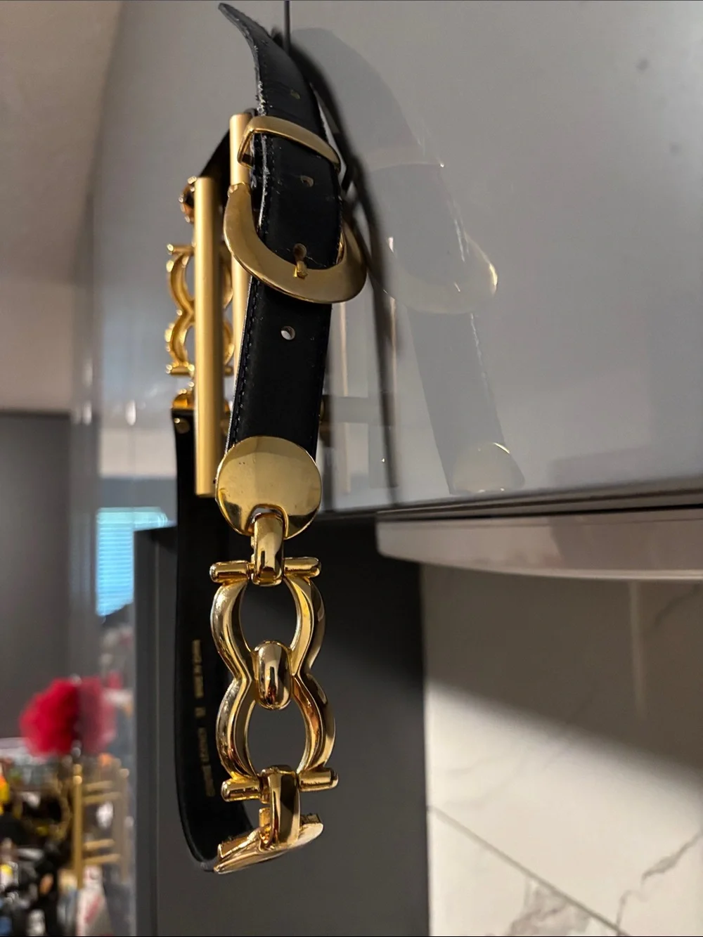 Louis Vuitton Black Leather Belt with Gold Chain Accents - comes with some rubs